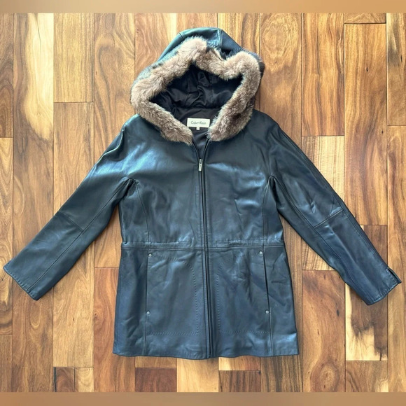 Calvin Klein Brown Genuine Leather Hooded Jacket with Faux Fur Lining size Small - Picture 1 of 4